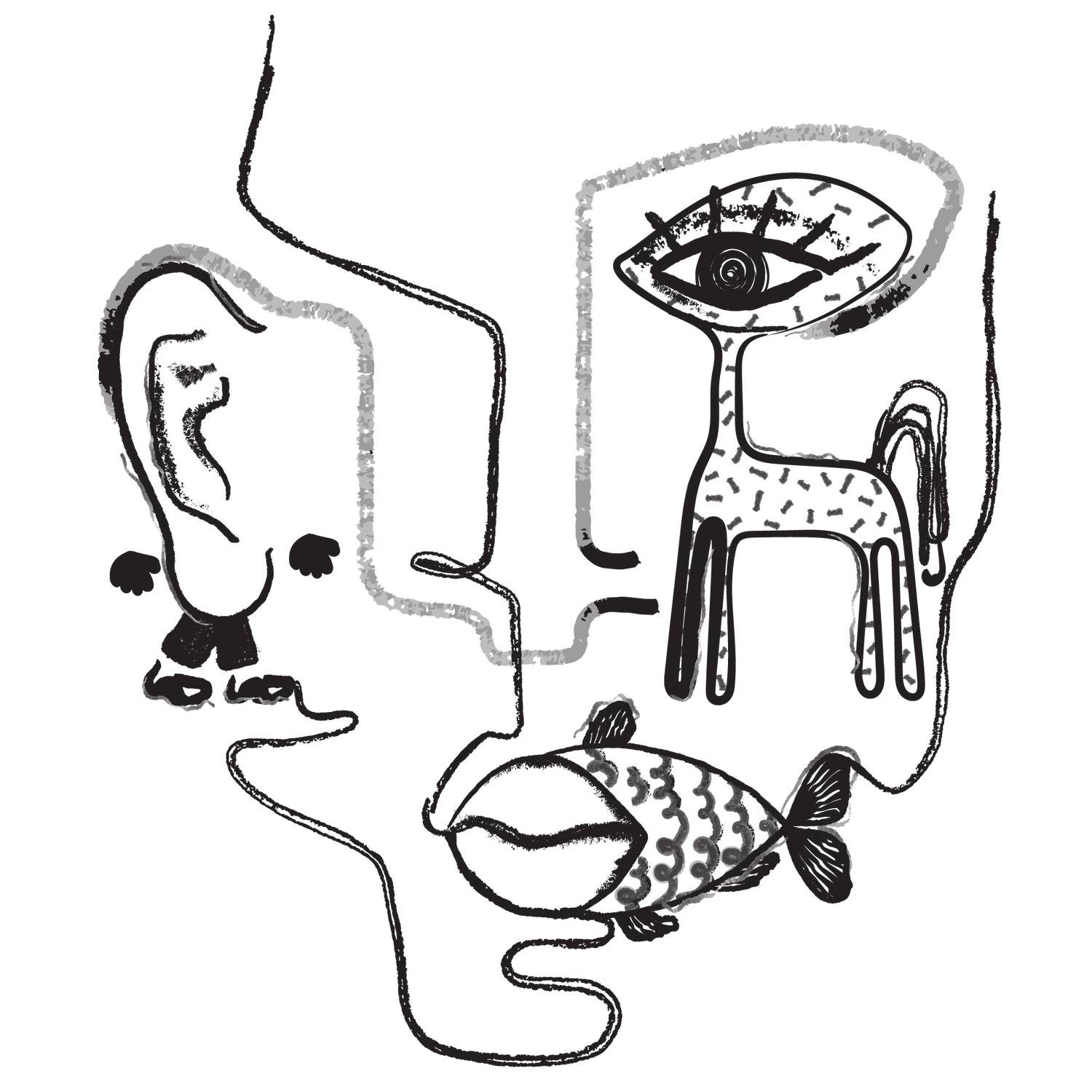 abstract line art of animals melting together on a human face