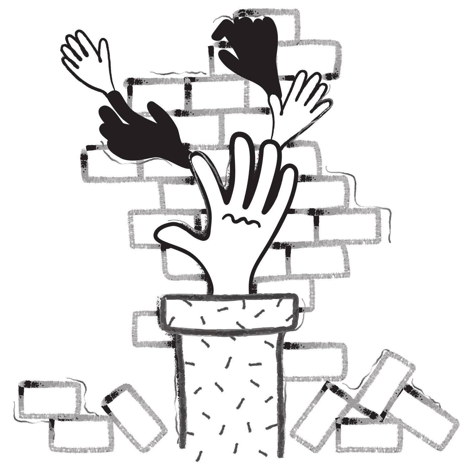 drawing of hands reaching over bricks