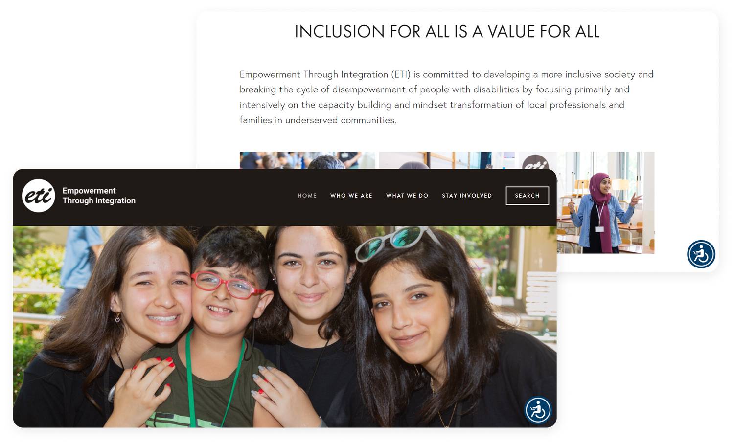desktop mockups of ETI's accessible webpage