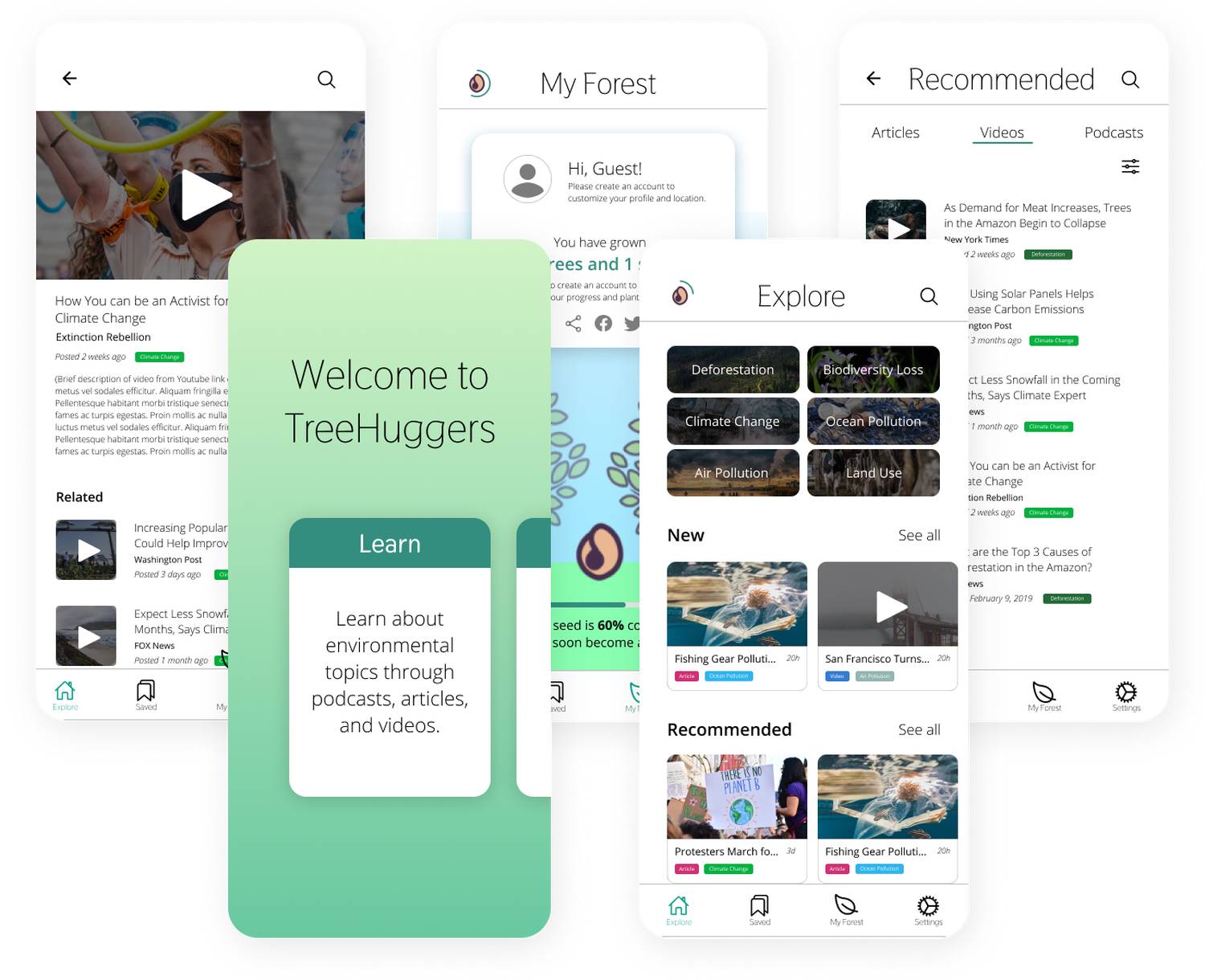 mobile mockups of TreeHuggers app pages